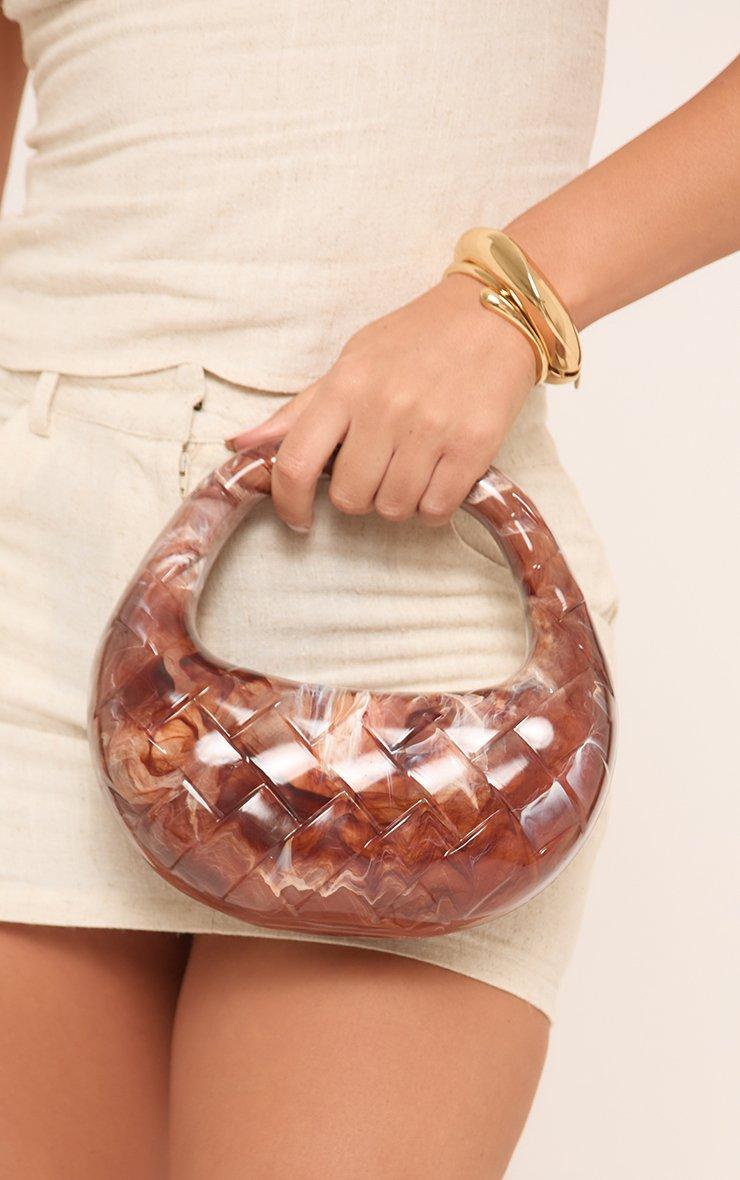 Gali Woven Embossed Detail Shaped Grab Bag In Chocolate