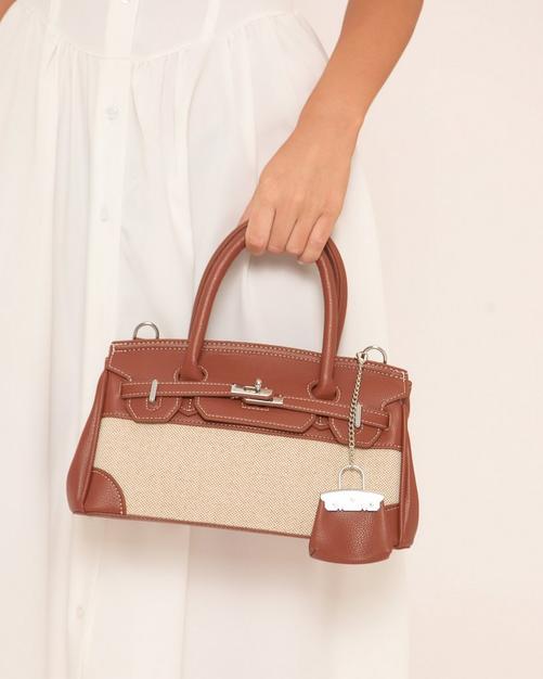 Eddy Lock Detail Contrast Woven Tote Bag In Brown Faux Leather