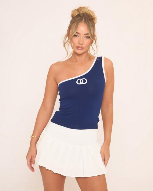 One Shoulder Logo Detail Contrast Trim Top In Blue Knit
