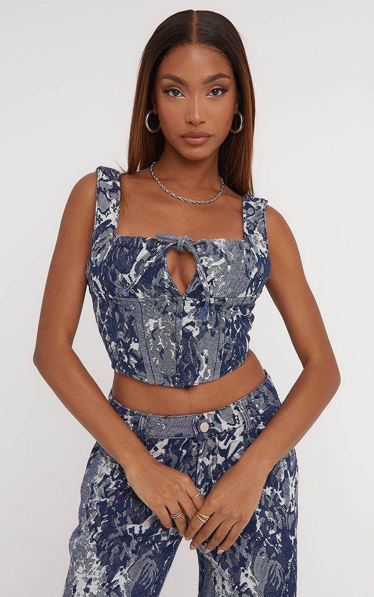 Square Neck Tie Front Cropped Corset Top In Blue Jacquard Floral