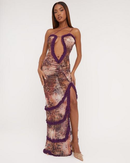 Women's Sheer Sequin Animal Maxi Slip Dress