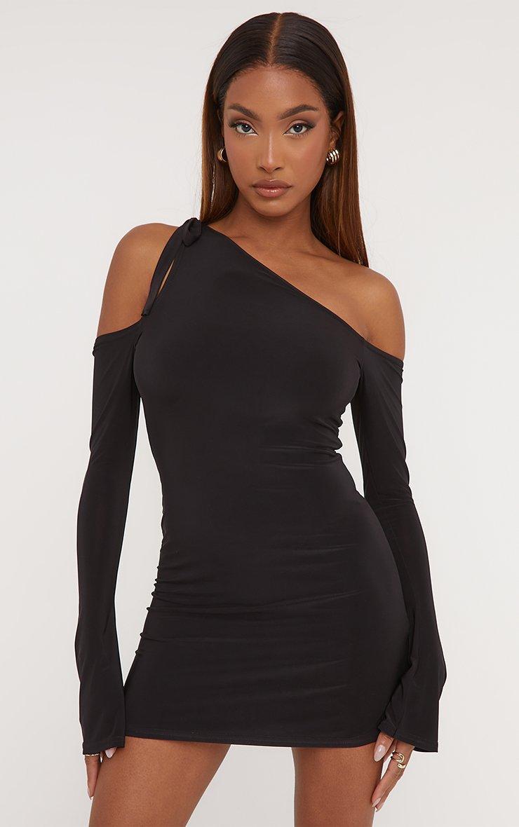 Asymmetric Cold Shoulder Bow Tie Detail Mini Dress In Black Slinky | EGO CA  | EGO