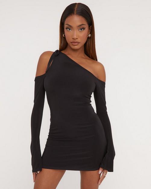 SAVE - ONE SHOULDER RUCHED DETAIL MINI BODYCON DRESS IN BLACK WET LOOK  METALLIC