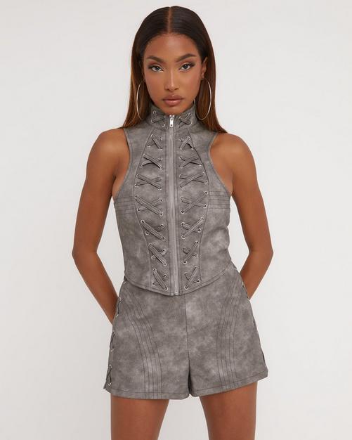 Structured Detail Dipped Hem Corset Top In Grey Acid Wash Faux