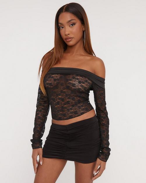 Plunge Lace Detail Structured Corset Top With Sleeves In Black