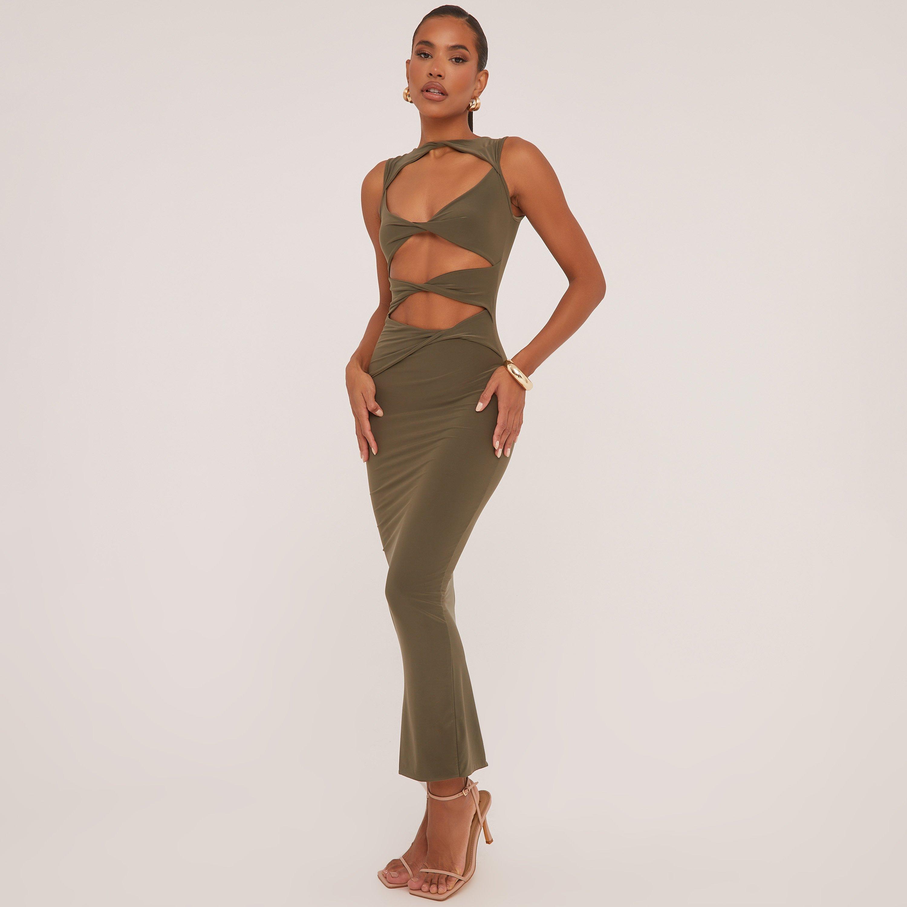 Sleeveless Cut Out Twist Front Detail Maxi Dress In Olive Green, Women’s