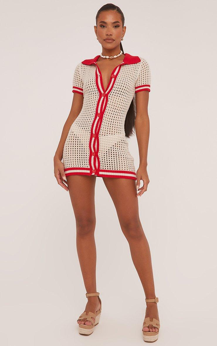 Short Sleeve Contrast Trim Polo Mini Dress In Stone Crochet Knit | EGO US |  EGO