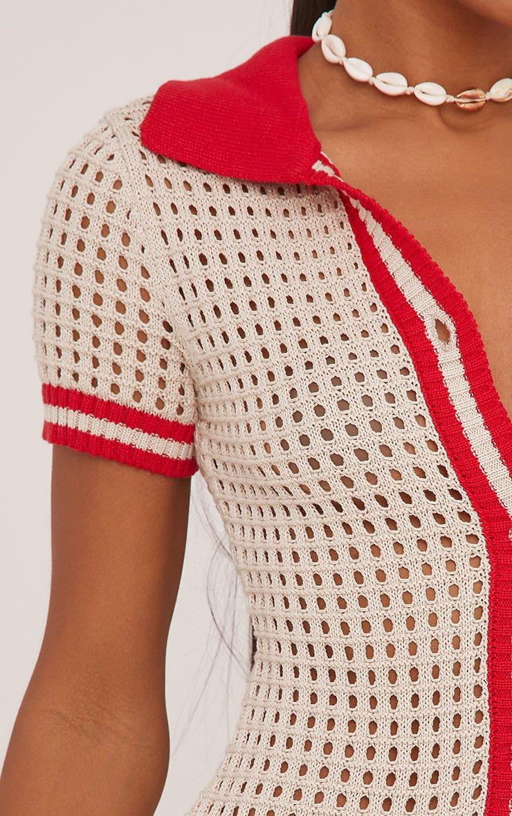 Short Sleeve Contrast Trim Polo Mini Dress In Stone Crochet Knit | EGO US |  EGO