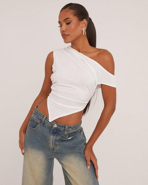 Slouchy One Shoulder Ruched Detail Top In Cream