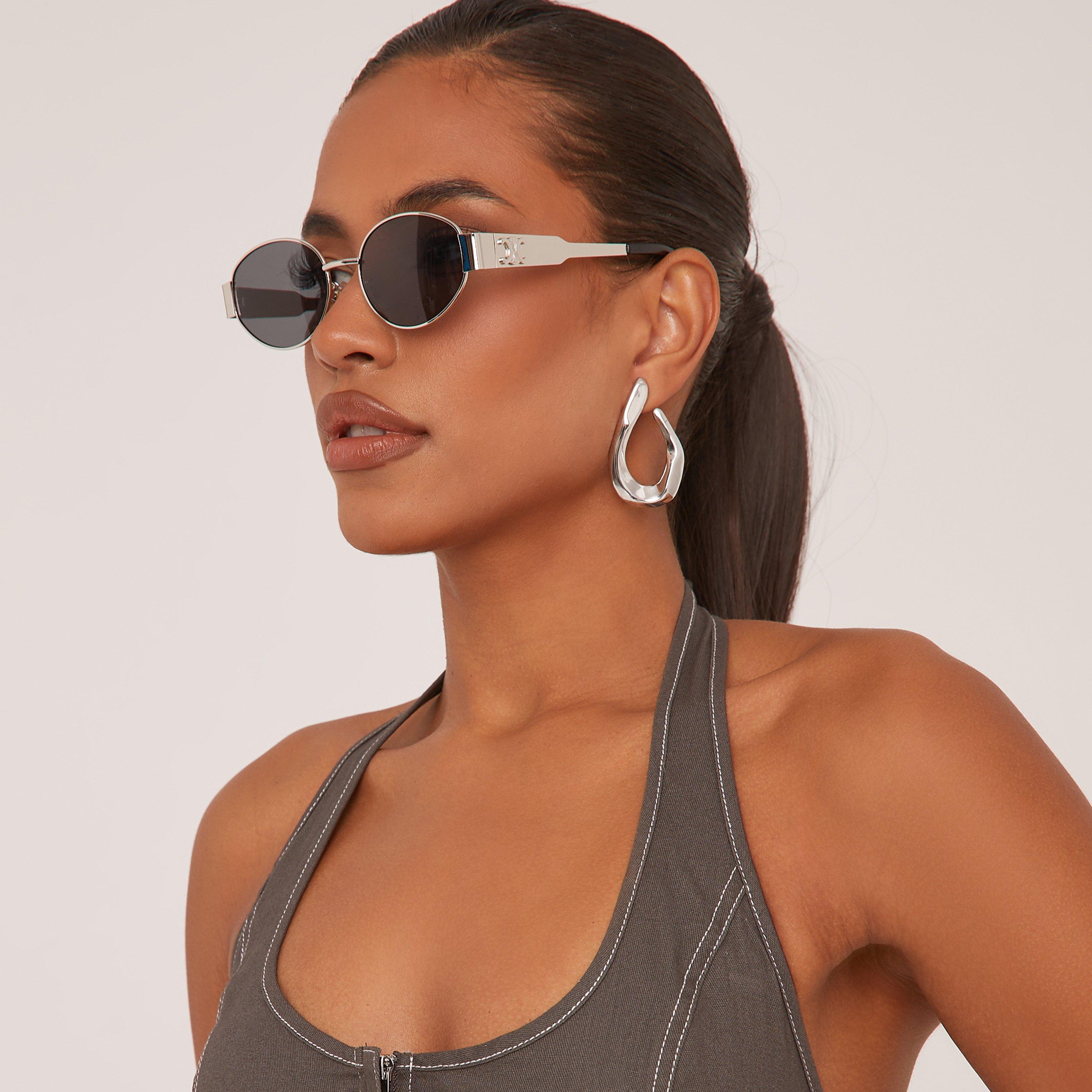 Oval Cateye Shape Side Detail Metal Frame Sunglasses In Silver, Women's Size UK One Size