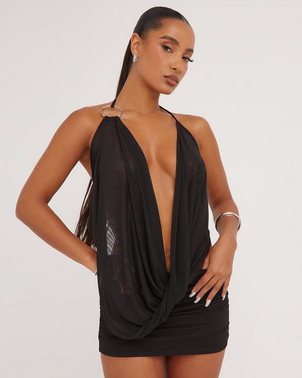 Extreme Plunge Neck O Ring Detail Tie Back Top In Black Mesh