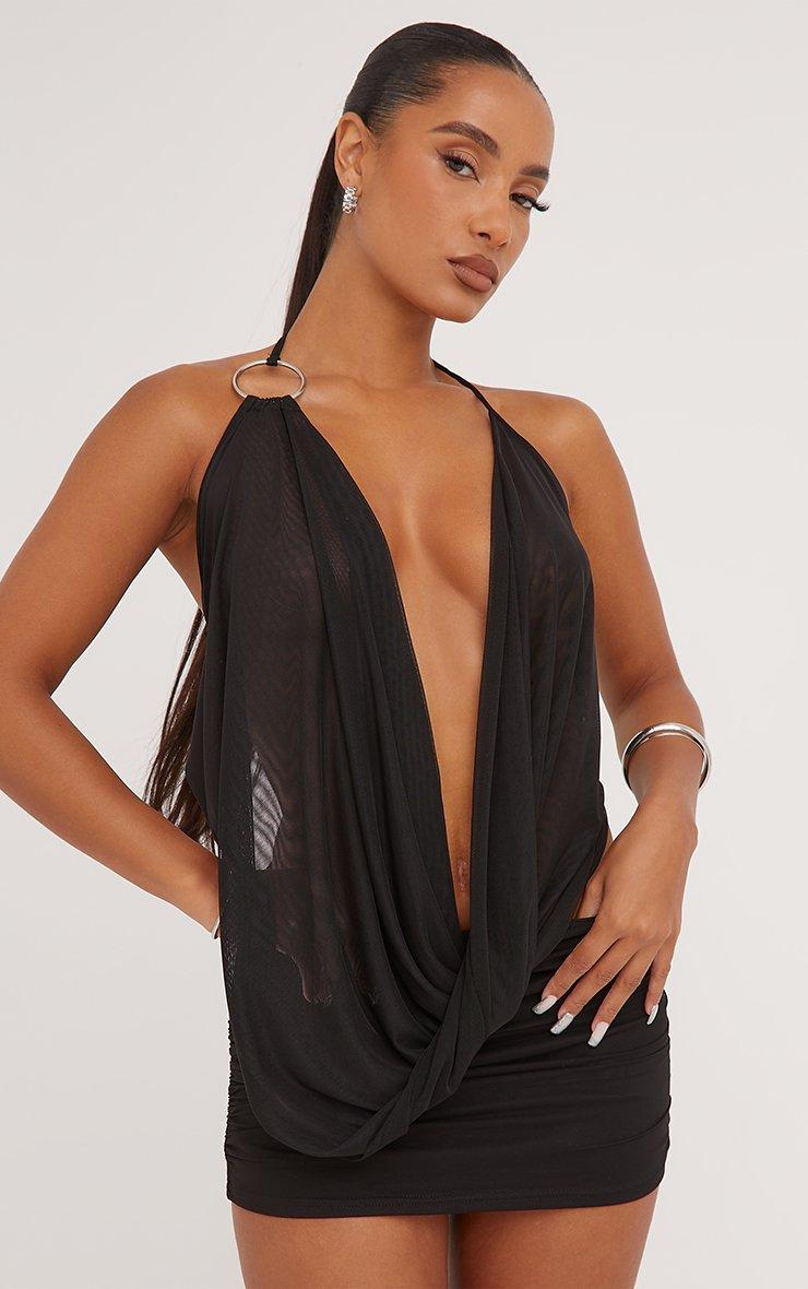 Extreme Plunge Neck O Ring Detail Tie Back Top In Black Mesh | EGO AU | EGO