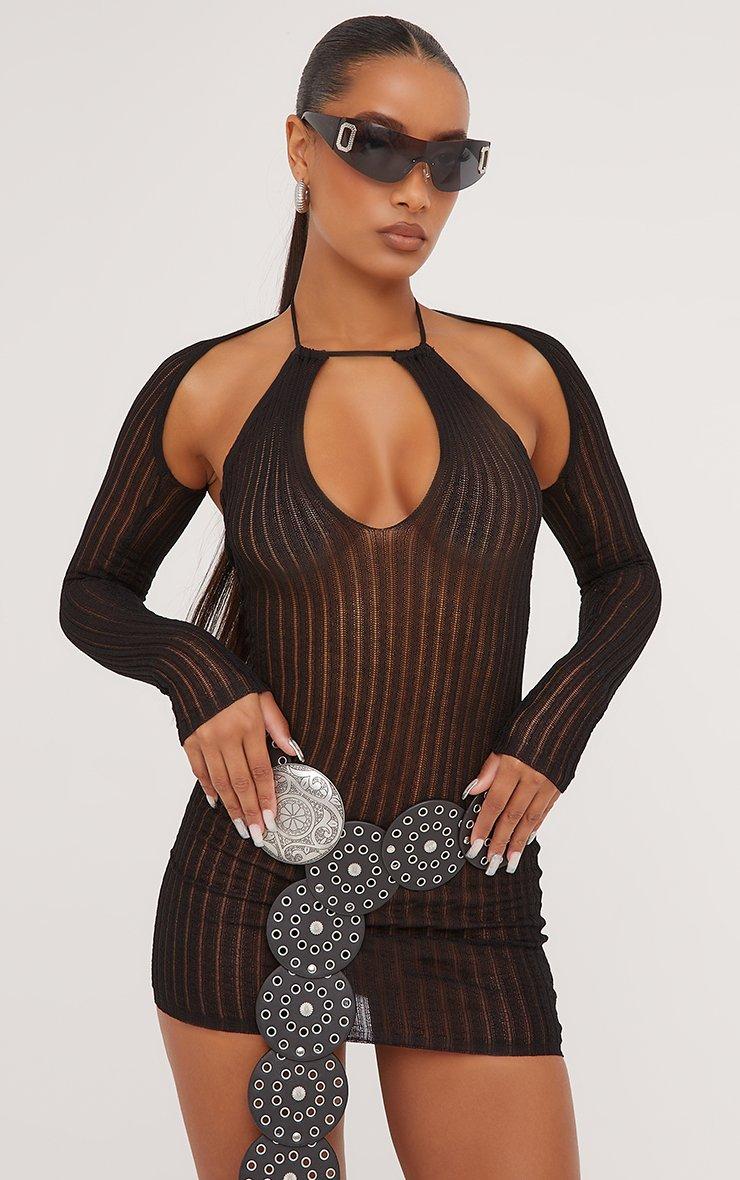 Halterneck Keyhole Cut Out Detail Mini Bodycon Dress With Sleeves In Black  Knit | EGO US | EGO