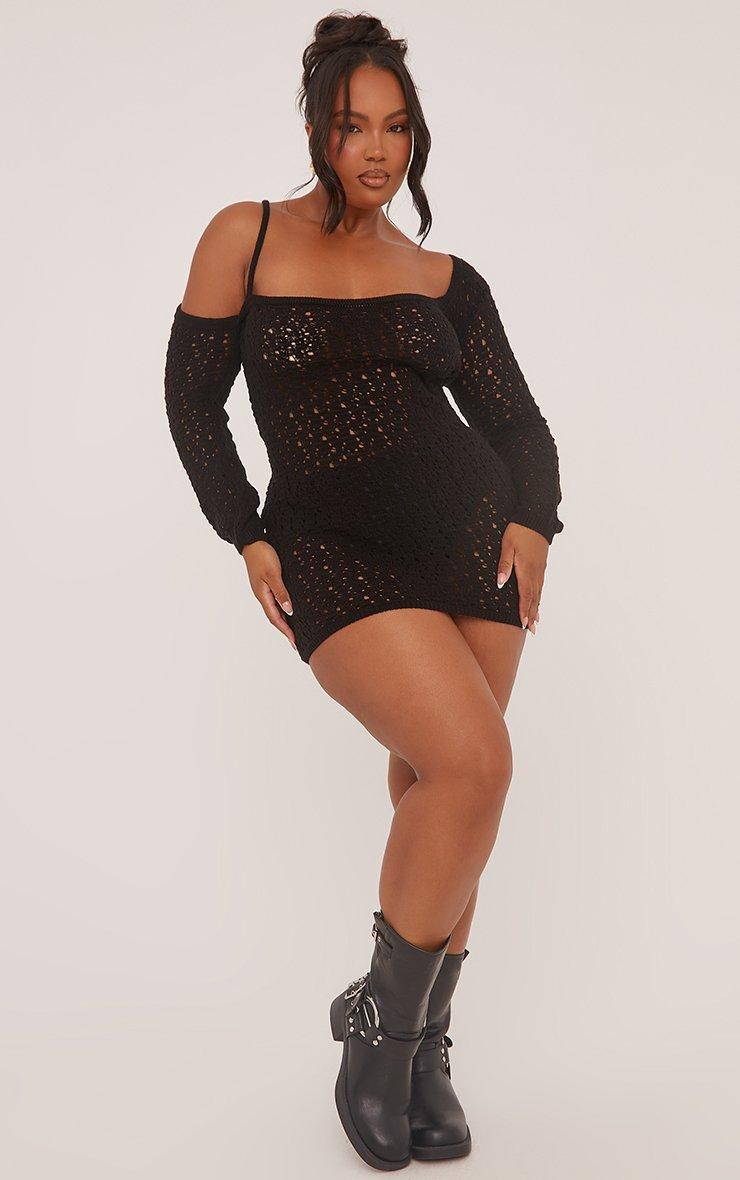 Long Sleeve Asymmetric Neck Mini Dress In Black Crochet Knit | EGO US | EGO
