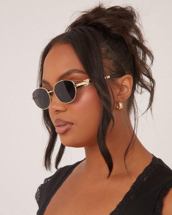 Side Detail Thin Frame Round Shaped Sunglasses In Black And Gold EGO