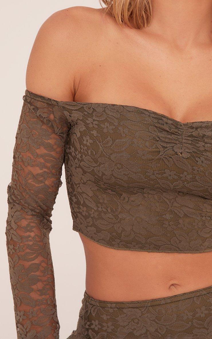 Bardot Crop Top In Khaki Green Lace | EGO US | EGO