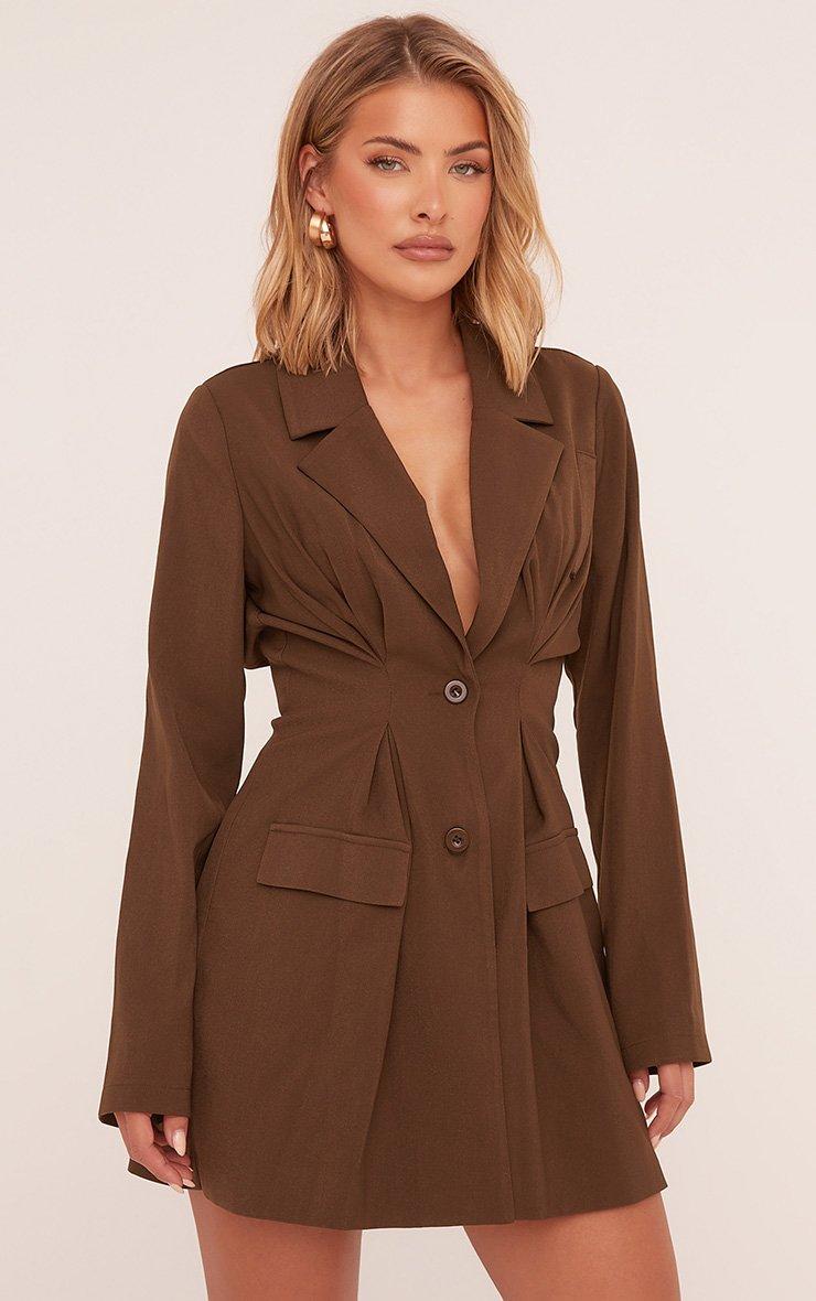 Long Sleeve Cinched Waist Blazer Dress In Khaki Green Woven | EGO US | EGO