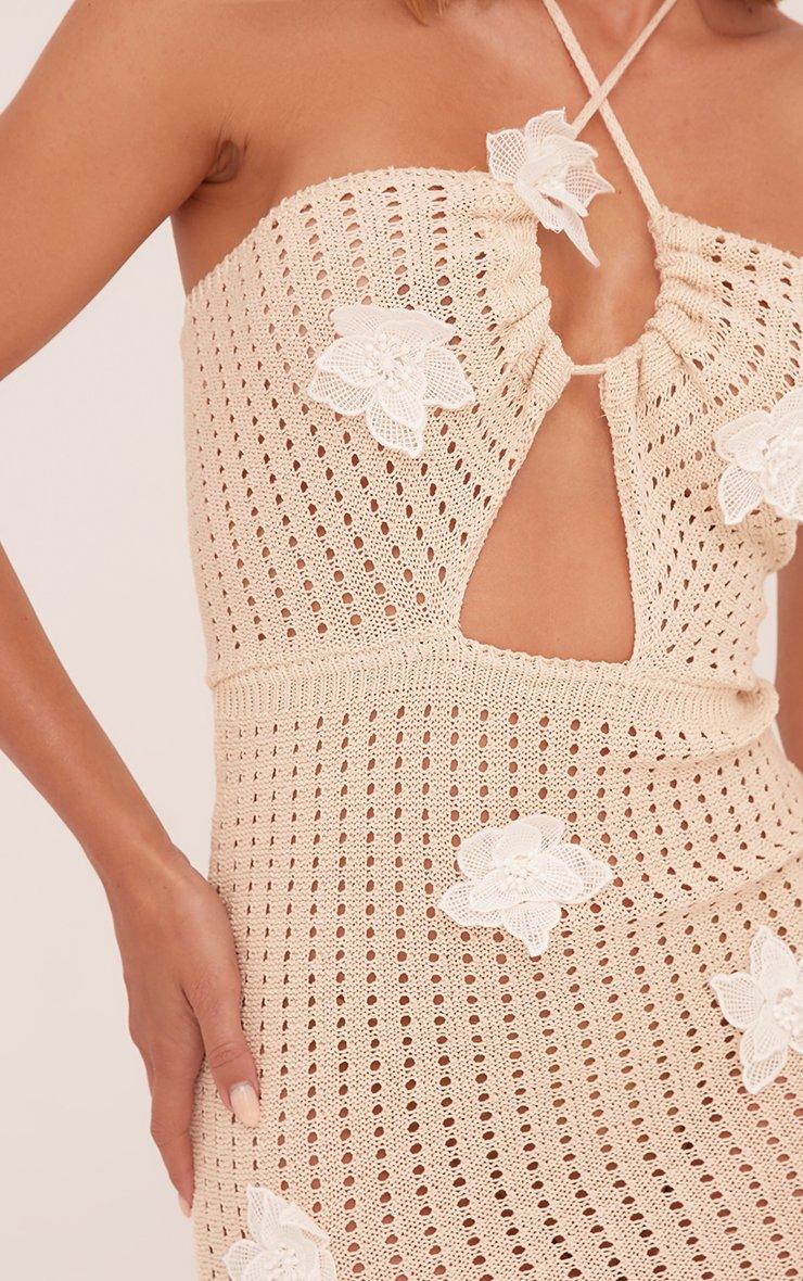 Cross Front Keyhole Cut Out 3D Flower Detail Mini Dress In Stone