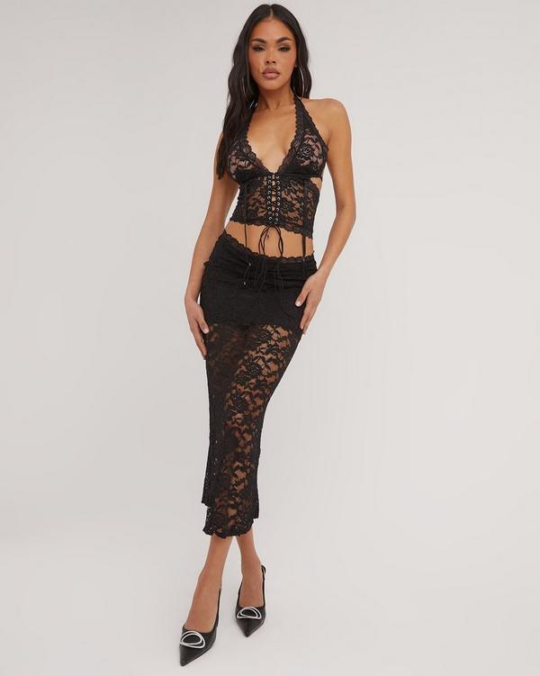 Halterneck Lace Up Detail Corset Top And Low Rise Maxi Skirt Co-Ord Set In  Black Lace