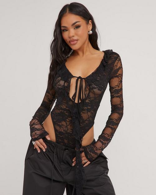 Long Sleeve Tie Front Frill Detail Bodysuit In Black Lace