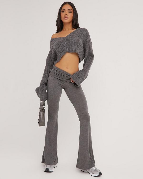 Fold Over Waistband Detail Flared Trousers In Dark Grey