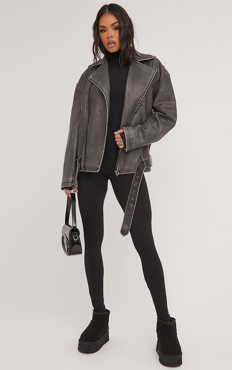 Oversized Pocket Detail Biker Jacket In Washed Grey Faux Oversized Pocket Detail Biker Jacket In Washed Grey Faux