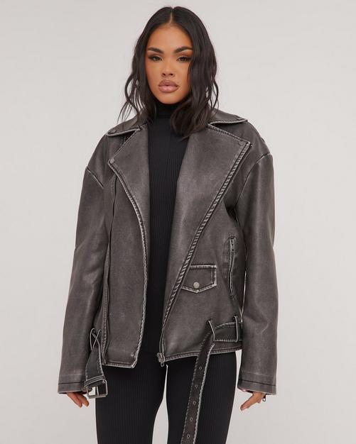 Oversized Pocket Detail Biker Jacket In Washed Grey Faux Leather EGO