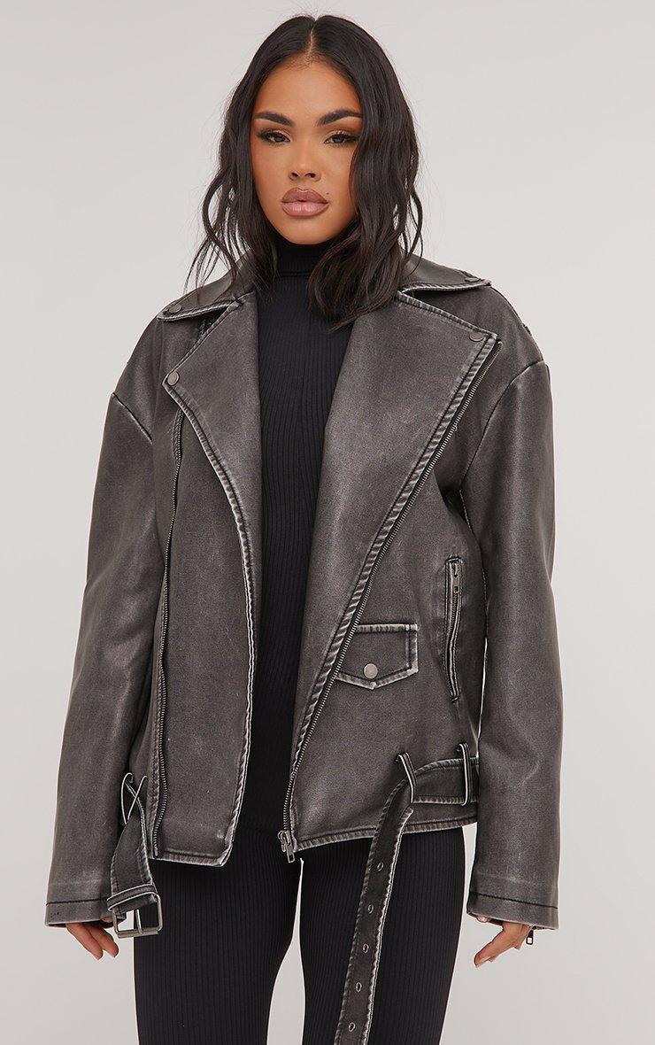 Oversized Pocket Detail Biker Jacket In Washed Grey Faux Oversized Pocket Detail Biker Jacket In Washed Grey Faux
