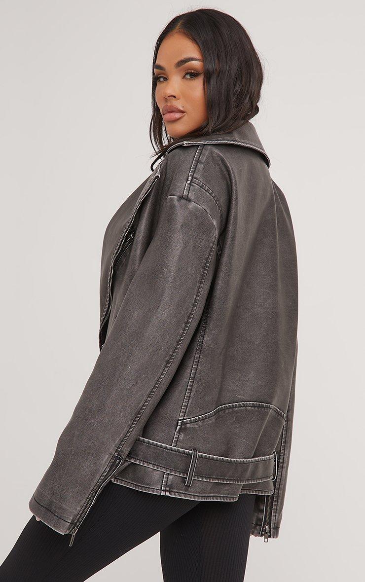 Oversized Pocket Detail Biker Jacket In Washed Grey Faux Oversized Pocket Detail Biker Jacket In Washed Grey Faux