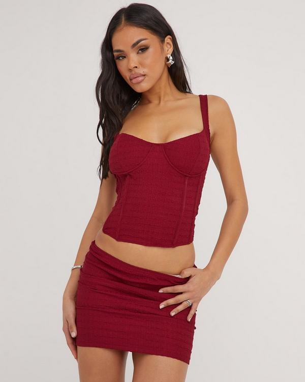 Underwired Boned Detail Corset Top In Cherry Red Texture