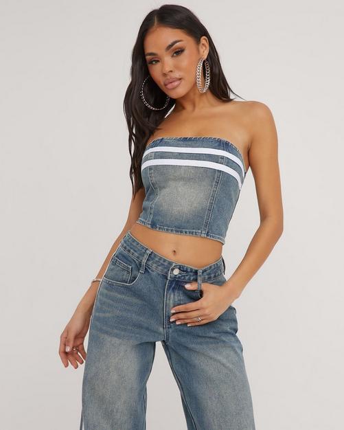 Halterneck Distressed Detail Cupped Bralet In Blue Denim