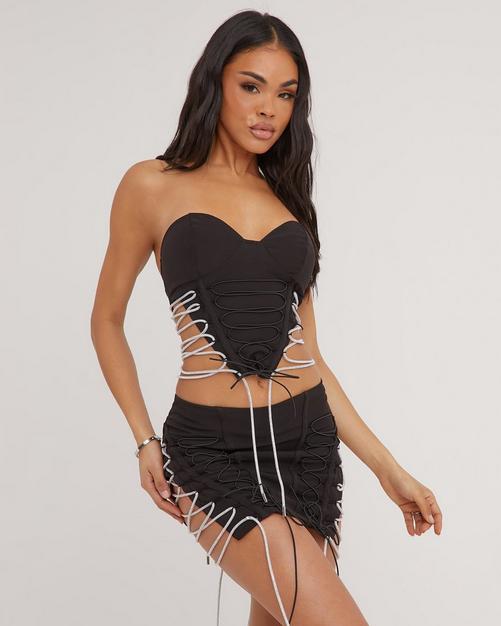 Bandeau Diamante Trim Detail Structured Corset Top In Black Faux