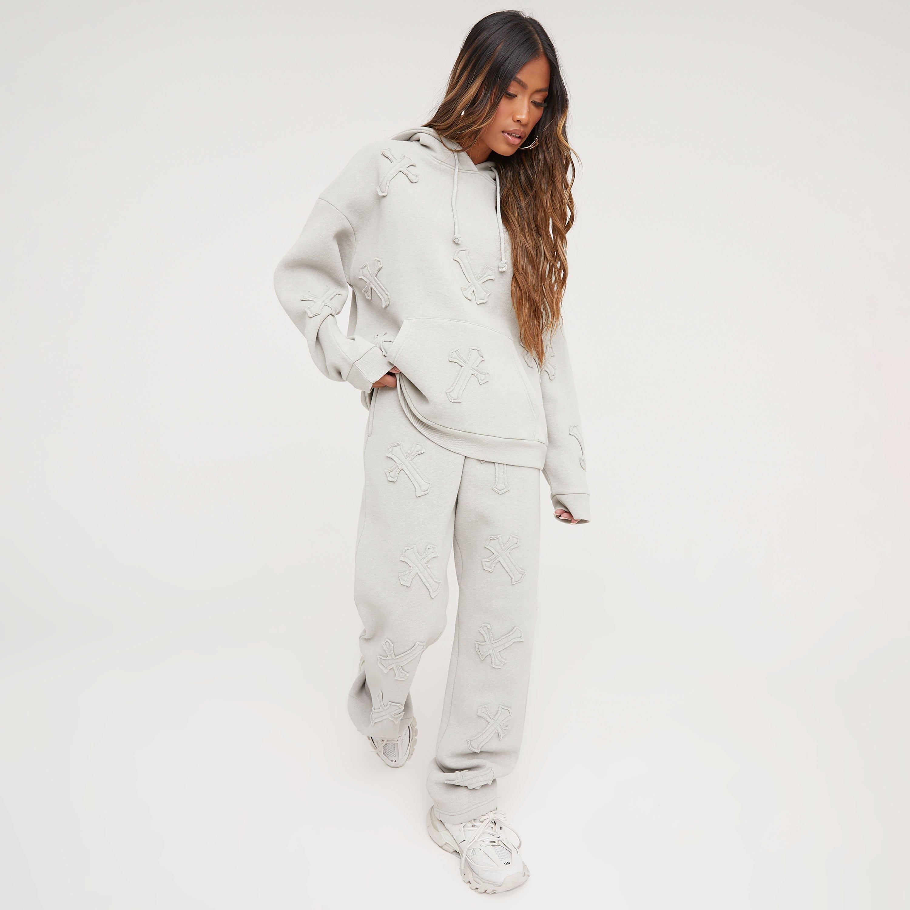 High Waist Cross Patch Detail Oversized Straight Leg Joggers In Acid Wash Sage Green, Women’s