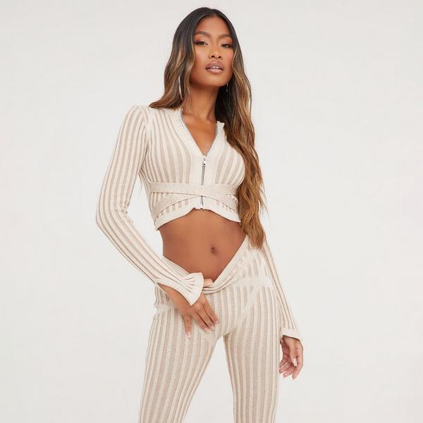 Long Sleeve Tie Waist Detail Zip Up Cropped Cardigan In Stone Knit