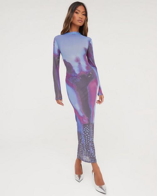 One Shoulder Cut Out Detail Thigh Split Maxi Dress In Silver Metallic  Fishnet
