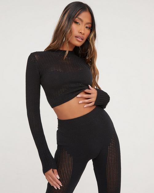 ‘Charley’ Black Ribbed Long Sleeve Crop Top And Legging Co Ord Set