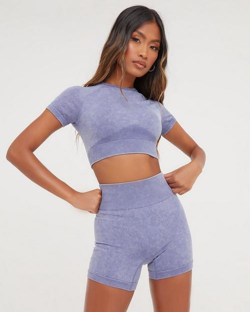 Square Neck Short Sleeve Crop Top and Seamless High Waist Midi Biker Shorts  Set