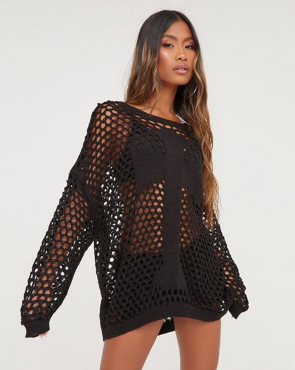 Long Sleeve Cross Detail Oversized Jumper In Black Crochet EGO