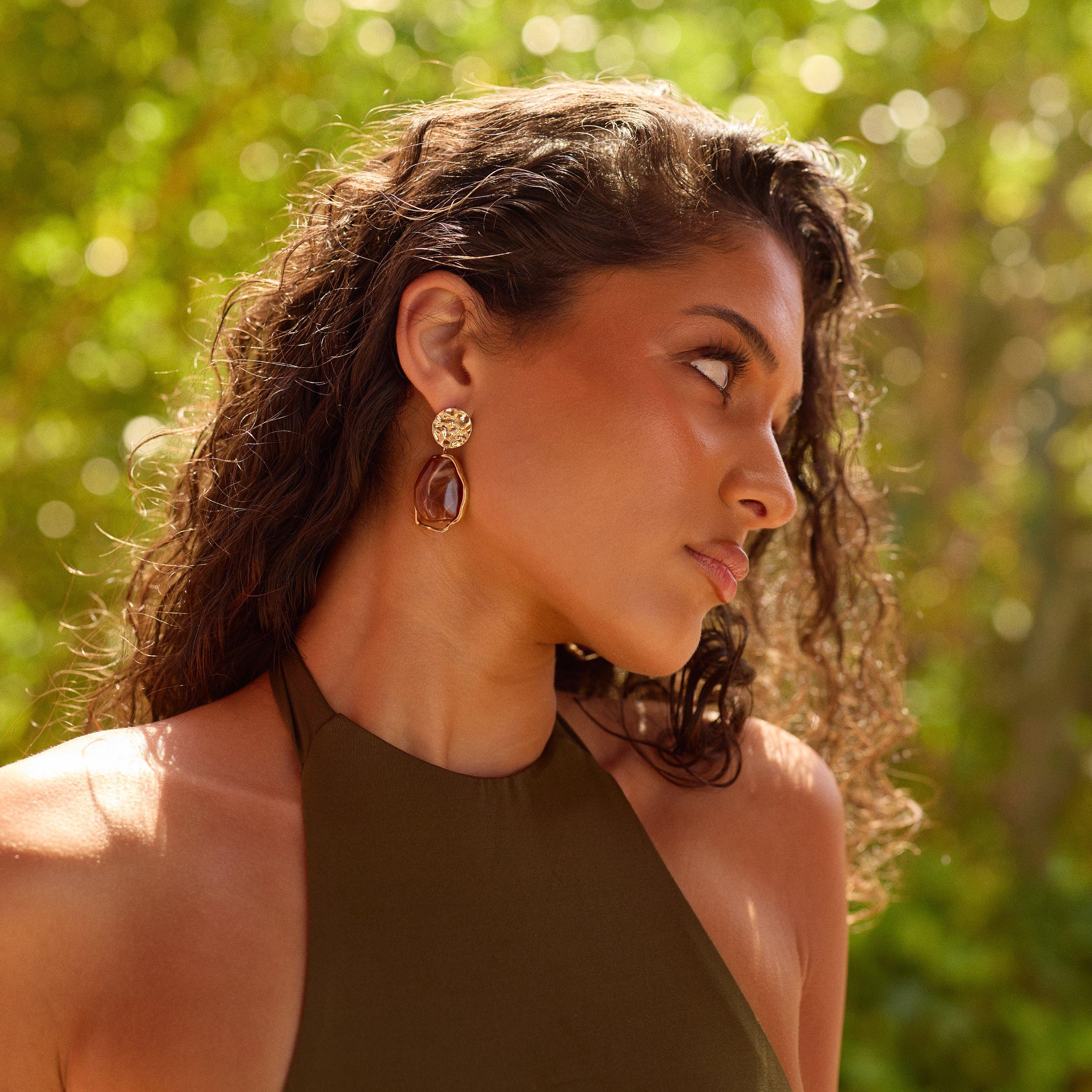 Gem Hammered Detail Stud Drop Earring In Brown And Gold, Women's Size UK 0