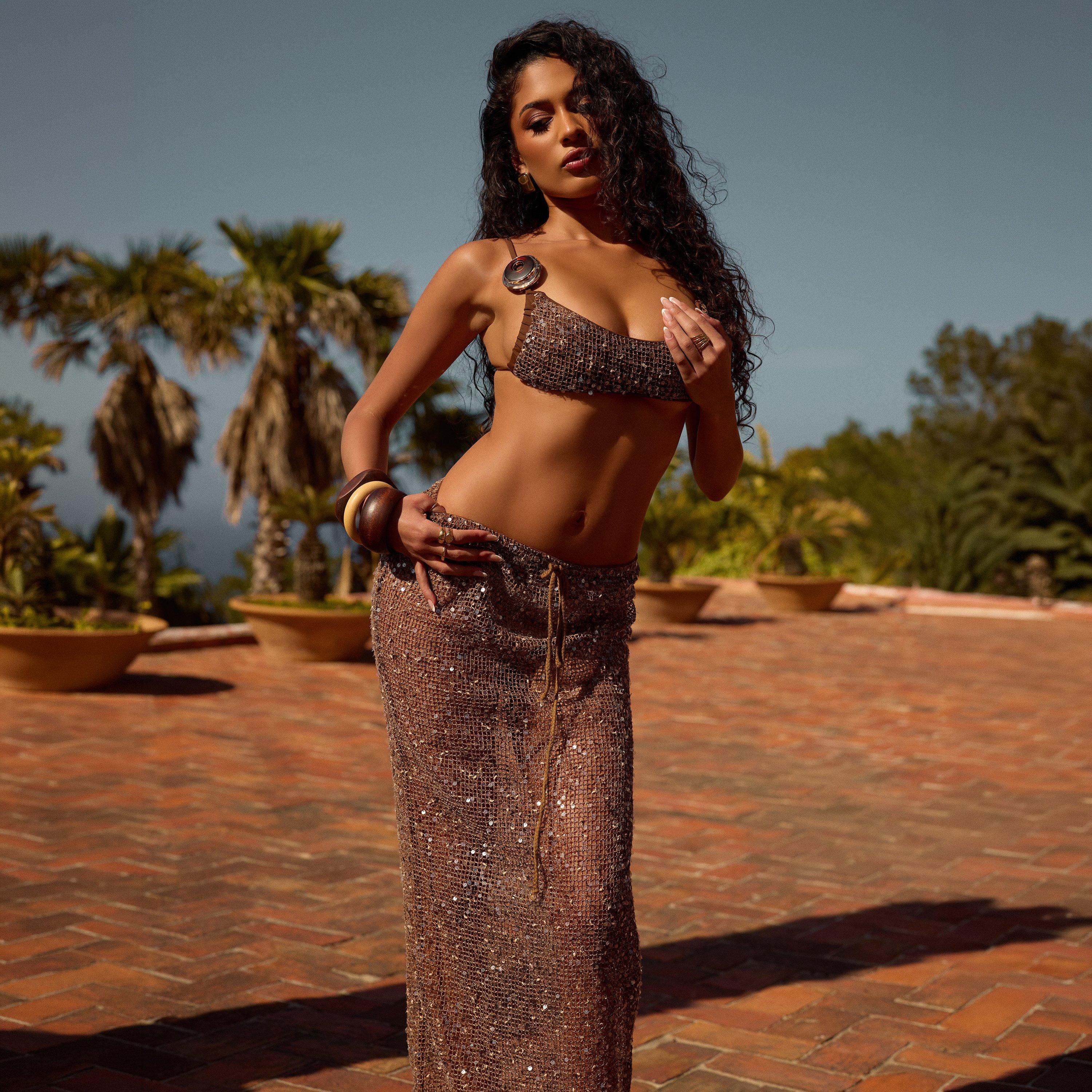 Cowl Neck Trim Detail Bikini Set In Brown Sequin Crochet, Women's Size UK 12