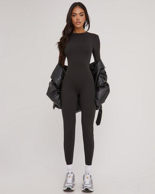 Black Structured Contour Rib Straight Neck Unitard