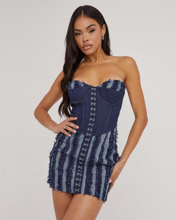 Light Blue Wash Denim Hook Eye Structured Corset