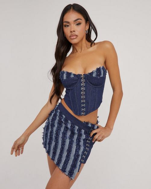 Square Neck Frayed Patchwork Detail Crop Top In Blue Denim