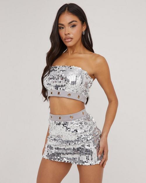 Foiled Square Neck Corset Crop Top - Silver