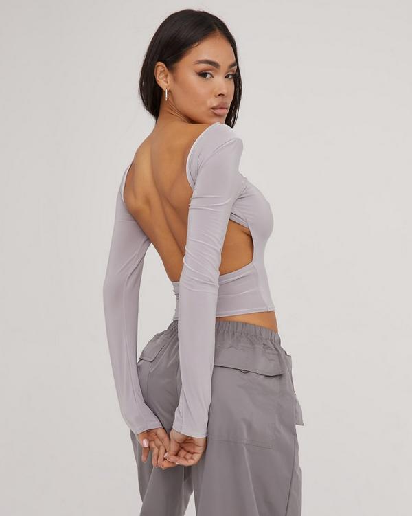 Long Sleeve Backless Detail Top In Grey Slinky