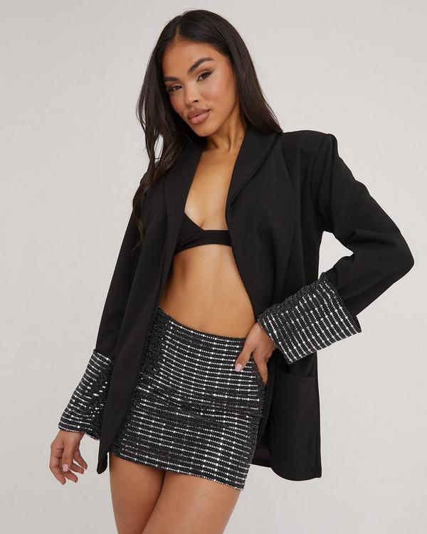 Tall Black Sequin Detail Bandeau Crop Top