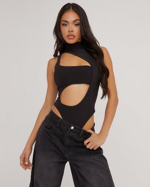 Long Sleeve Square Neck Cut Out Front Detail Mesh Contrast Bodysuit In  Black Slinky