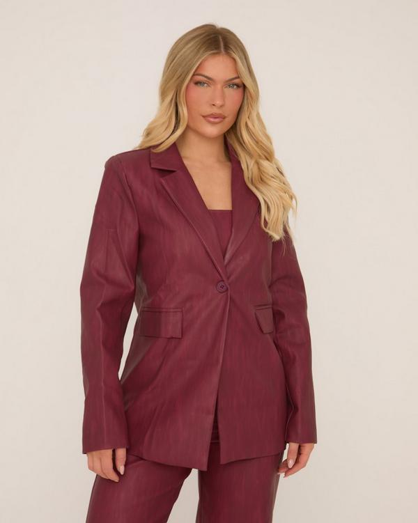 Oversized Blazer In Washed Burgundy Faux Leather