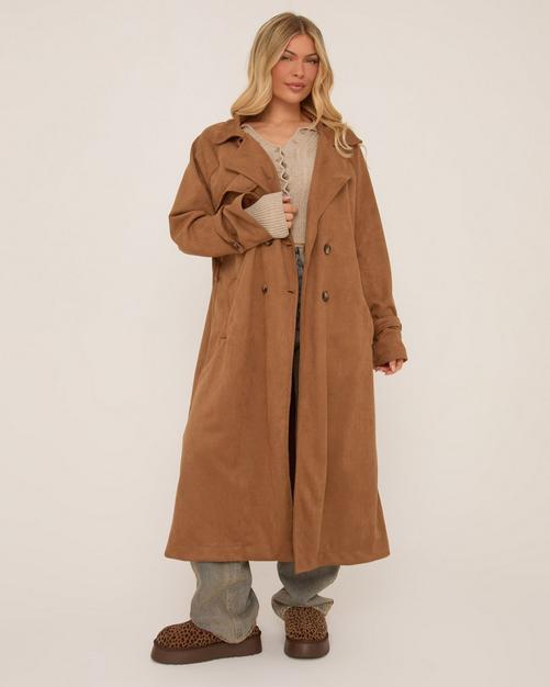 Button Front Longline Trench Coat In Brown Faux Suede