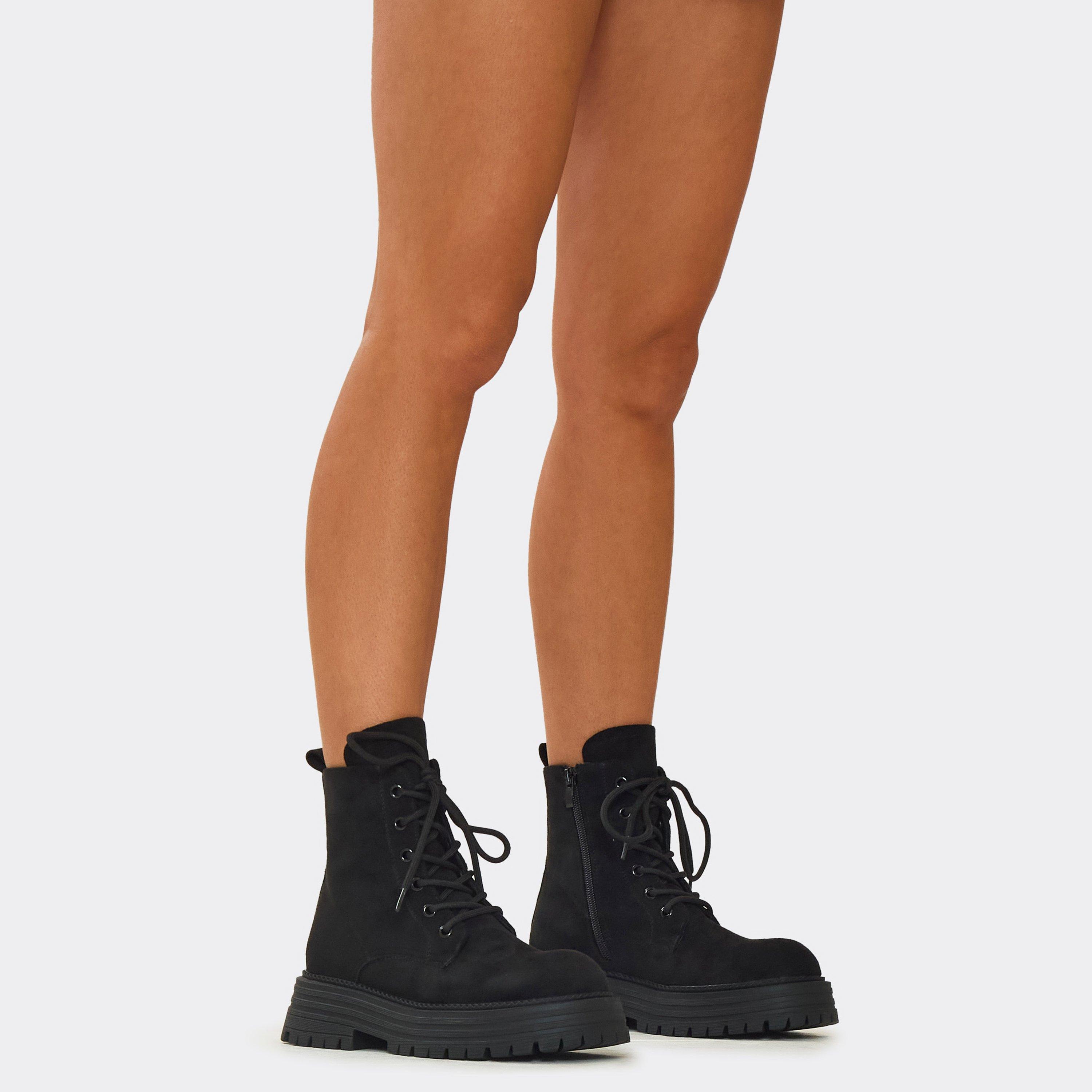 Algot Lace Up Chunky Sole Ankle Biker Boot In Black Faux Suede, Women's Size UK 3